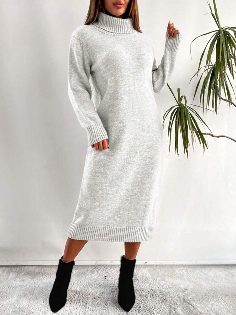 EURMUSE Damen einfarbiges Strickkleid mit Rollkragen und Langarm für Lässig, Herbst/Winter - Weiss - Übersicht 1