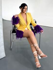 SHEIN SXY Kontrast-Farbiger Herbst/Winter Ball Party Blazer mit gelbem und lila Federdekor - Gelb - Übersicht 4