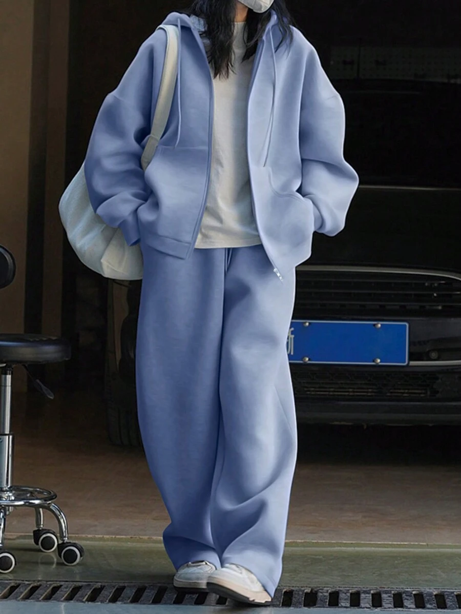 INAWLY 2pcs/Set Women Solid Color Front Zipper Hoodie Top And Long Pants Set - Baby Blue - View 1