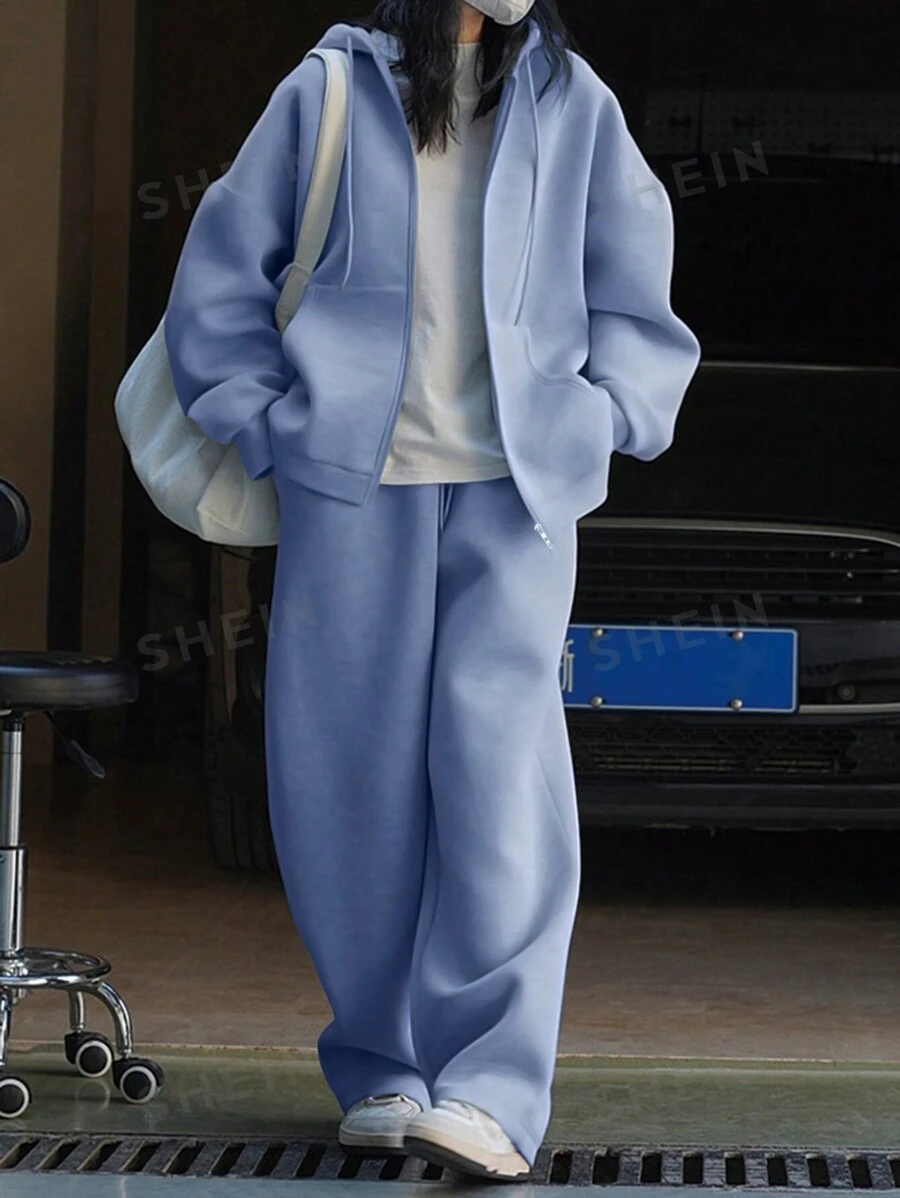 INAWLY Set de 2 piezas Conjunto de mujer con sudadera con capucha con cremallera en la parte delantera y pantalón largo de unicolor - Celeste - Ver 1