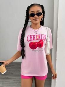 Conjunto de 2 piezas: Camiseta con estampado de cerezas + shorts ajustados para adolescentes, estilo todo a juego, versátil para usar en casa y al aire libre - Rosa - Ver 7