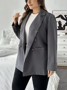 SHEIN Privé Blazer noir taillé pour femmes grandes tailles avec décorations métalliques et fausses poches. Décontracté et confortable pour le printemps et l'automne - Gris foncé - Voir 6