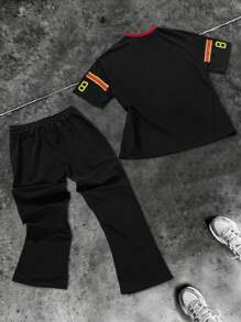 Manfinity EMRG 2 Pieces Knitted Contrast Color Young Street Suit, Graphic Men T Shirt, Outfit, Elastic Waist, Cross, Young Street Short Sleeve Trousers Suit - Black - View 2