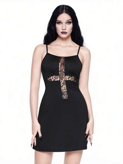 Goth-Style Lace Embroidered Cross Patchwork Casual Nightgown
