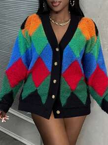 Slaydiva New Winter Contrast Color Knitted Cardigan, Casual Streetwear For Valentine's, New Year, Party, Daily Wear
