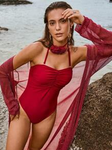 Swim Oasis Women's Elegant Red Floral Drape Neck Tie 1-Piece Swimsuit With Glitter Mesh Robe Cover-Up Set Summer - Burgundy - View 4