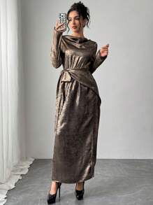 Modelyn Vestido largo tipo abaya de manga larga con lazo, vestido de noche largo de estilo minimalista para mujeres - Dorado - Ver 3