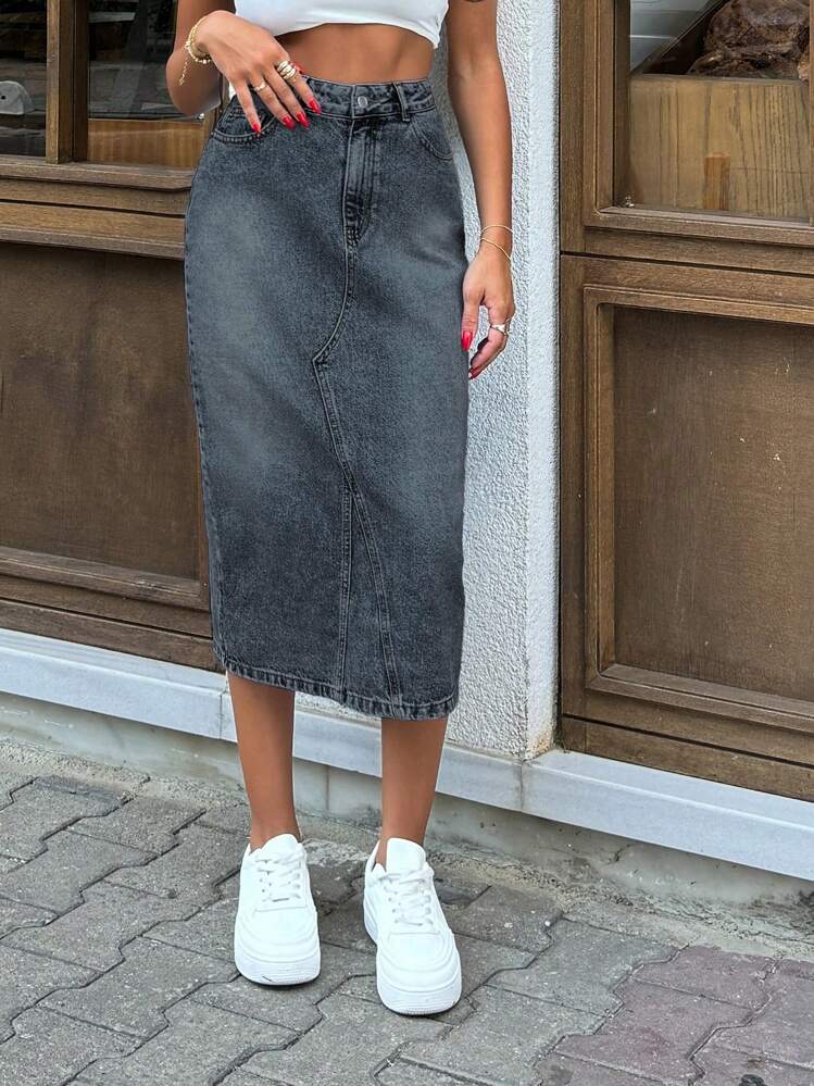 EURMUSE HIGH RISE MIDI LENGHT SLIT DETAIL GREY WOMEN DENIM SKIRT