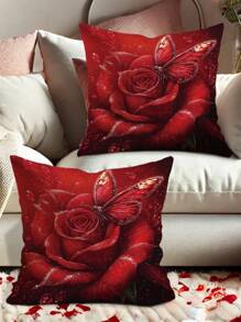 2 件情人节装饰玫瑰花朵蝴蝶天鹅绒抱枕套浪漫红色舒适柔软装饰枕套单面印花适用于客厅卧室沙发床装饰不含枕芯适合圣诞节 - 紅色 - 查看 5