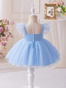 Glamorique Kids Váy xòe ren đuôi cá màu xanh cho bé gái, váy công chúa dự tiệc cho trẻ mới biết đi, váy phù dâu hoa cưới - Màu xanh lam - Xem 2