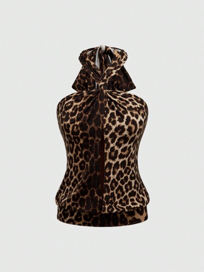 Vintage Style 2 In 1 Plunging Neck Leopard Print Contrast Color Twist Decor Women Tank Top