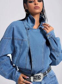 Jeanoix 女式前扣长袖简约牛仔夹克，休闲日常穿着 - 藍色 - 查看 2