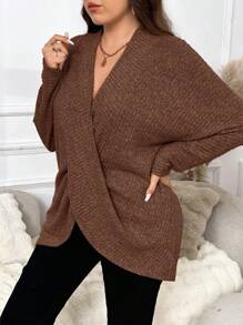 SHEIN Frenchy Plus Size V-Neck Long Sleeve Casual Elegant Overlap T-Shirt