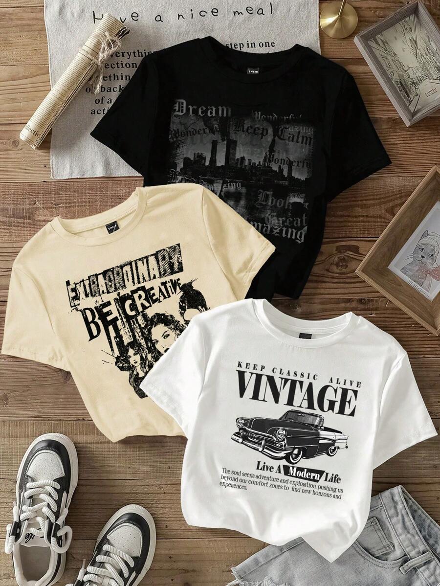 Attitoon 3pcs Casual Simple Design Round Neck Long Sleeve Fitted Short Crop Women T-Shirts, Retro American Style Back To School