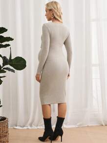 SHEIN Maternity Nursing Detail Mock Neck Ribbed Knit Bodycon Dress - Apricot - View 2