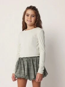 SUMWON Tween Mädchen bequemes langärmliges Ripp-Shirt mit kariertem Minirock mit Puffärmeln 2-teiliges Set