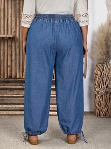 SHEIN LUNE Plus Size Women Waisted Belt Loop Pocket Wide Leg Loose Casual Denim Jeans