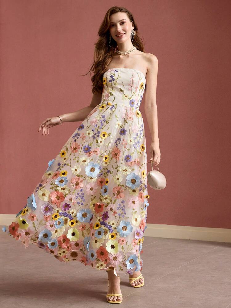 FLORAL EMBROIDERY FLOWY TUBE DRESS