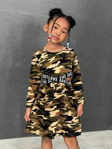 Girls Casual Versatile Sport Classic Camouflage Round Neck Long Sleeve Waist Cross Letter Ribbon Cropped Dress - Army Green - View 6