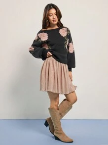 WESTFADE Western Music Festival Knitted Shine High Waist Lettuce Trim Hem Mini Skirt - Silver - View 3