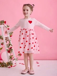 Glamorique Kids 年轻女孩心形刺绣薄纱连衣裙，适合派对、节日、日常穿着，春秋情人节连衣裙女孩剪裁亲吻连衣裙红色和粉色情人节 - 粉色 - 查看 1