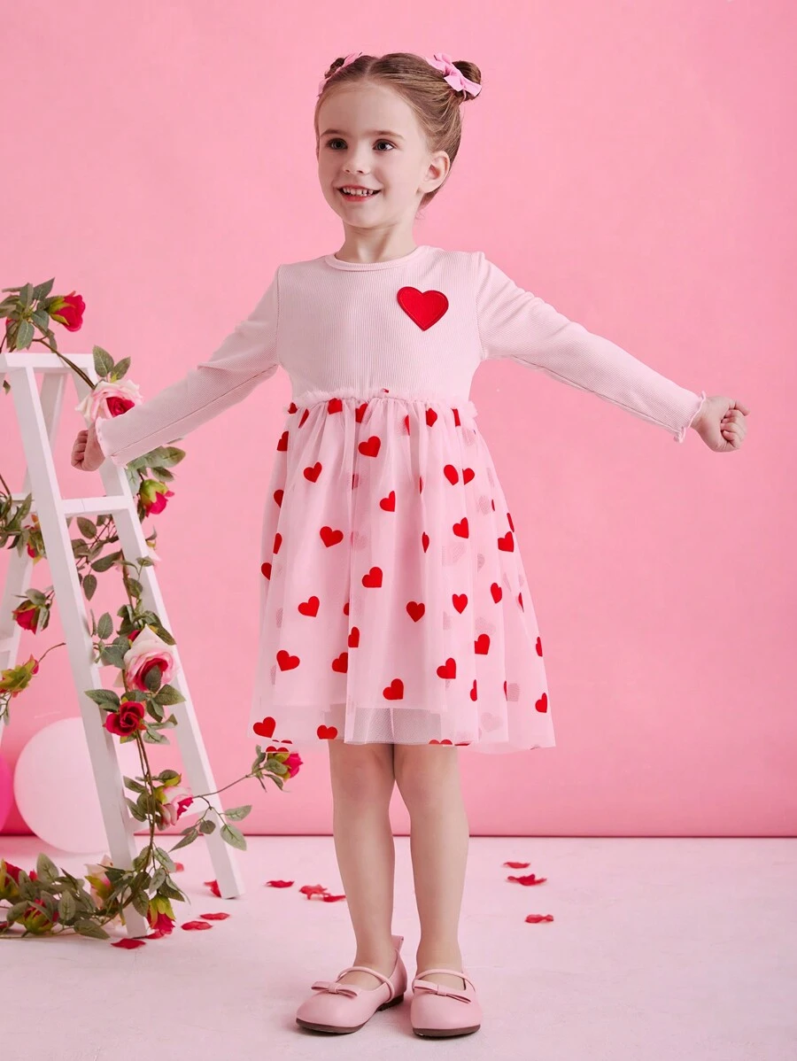Glamorique Kids 年轻女孩心形刺绣薄纱连衣裙,适合派对、节日、日常穿着,春秋情人节连衣裙女孩剪裁亲吻连衣裙红色和粉色情人节 - 粉色 - 查看 1