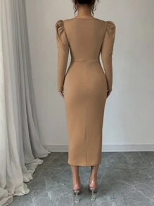 RosyDaze Đầm Maxi Cổ Vuông Tay Phồng, Xếp Ly Phía Trước, Thắt Eo Thanh Lịch Cho Nữ - Màu Khaki - Xem 2