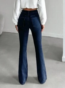 EURMUSE Women Front Button Pocket Simple Denim Pants, Casual Everyday Wear - Dark Wash - View 2