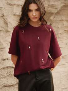 Anewsta Women's Solid Color Woven Long Sleeve Casual & Resort T-Shirt, Spring - Burgundy - View 3
