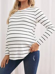 SHEIN Maternity Striped Button Back Long Sleeve Curved Hem Tee - Black and White - View 4