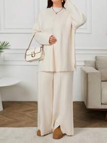 EURMUSE 大码女式纯色圆领长袖毛衣和阔腿针织裤套装，休闲装，秋冬 - 米色 - 查看 6