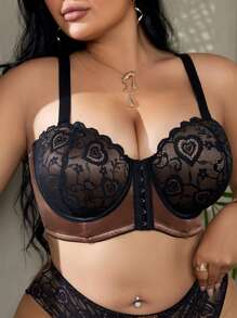 1pc Lace Splice Shiny Front Closure Wire-Rimmed Sports Bra - Multicolor - View 1