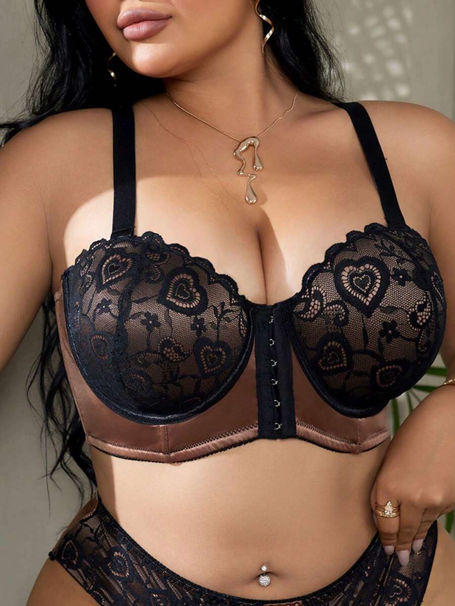 1pc Lace Splice Shiny Front Closure Wire-Rimmed Sports Bra - Multicolor - View 1