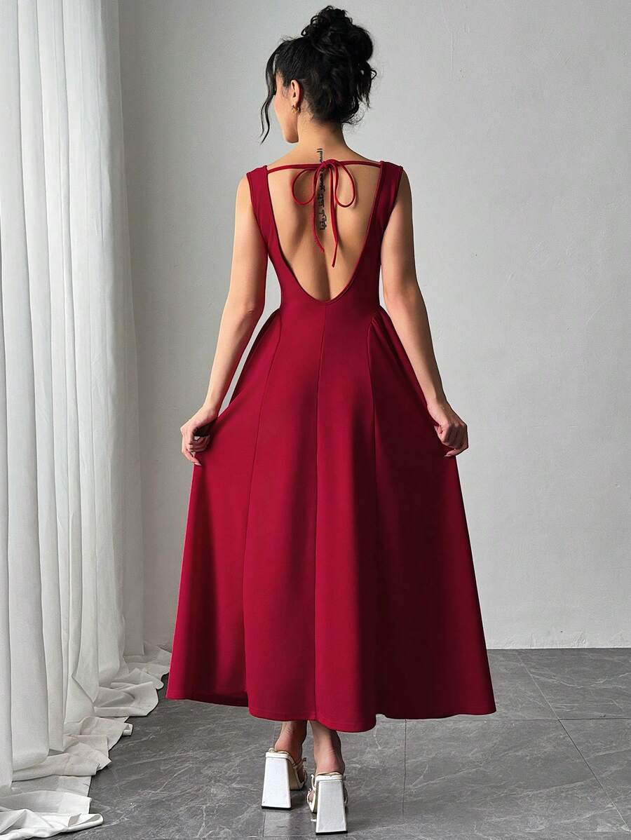 Firerie 女士新款优雅现代复古浪漫约会风格船领无袖系腰褶边酒红色礼服 - 紅色 - 查看 1