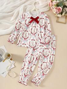 2pcs Little Girls Ruffle Collar Rabbit Bow Floral Print Ruffled Long Sleeve Top And Casual Ruffled Long Pants Pajama Set - Multicolor - View 4