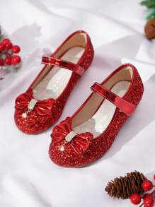 2025 New Red Fashion Bow Rhinestone Glitter Breathable Casual Low Heel Children Shoes For Girls - Red - View 1