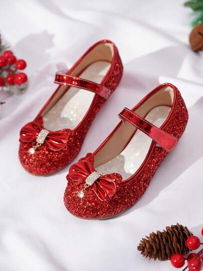 2025 New Red Fashion Bow Rhinestone Glitter Breathable Casual Low Heel Children Shoes For Girls