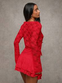 SHEIN BAE 黑色性感蕾丝甜美荷叶边前肩带透视上衣 女士/秋季女装/西装/牛仔女装 - 紅色 - 查看 2