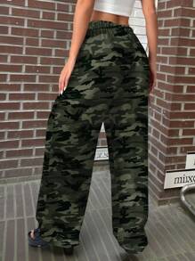 SHEIN EZwear Plus Size Casual Camouflage Print Drawstring Straight Leg Pants, Spring & Autumn - Multicolor - View 2