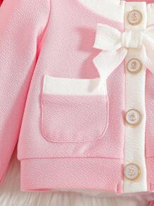 SHEIN Baby Girls' Spring/Autumn Cute Elegant Round Neck Puff Sleeve Bow Shirt + Ombre Color Flare Pants 2 Pcs Set, Soft & Comfortable, Skin-Friendly, Classic Round Neck Design With Adorable Bow - Pink - View 4