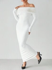 SHEIN Tall Luxury White Off-Shoulder Furry Bodycon Long Sleeve Maxi Evening Dress For Women