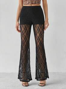 SHEIN Tall Resort Knitted Lace High Waisted Flared Women's Trousers
