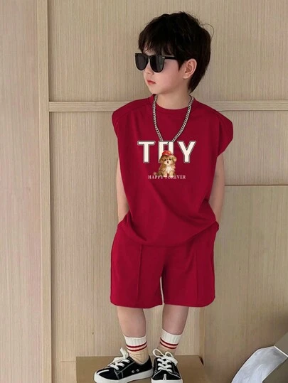 SHEIN Young Boy Casual Korean Style Animal Letter Print Sleeveless Top & Solid Color Knitted Shorts With Pockets Two-Piece Set