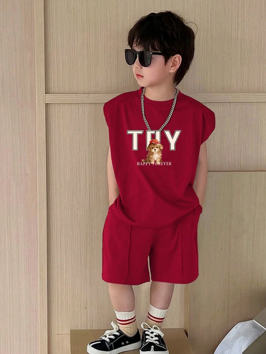 SHEIN Young Boy Casual Korean Style Animal Letter Print Sleeveless Top & Solid Color Knitted Shorts With Pockets Two-Piece Set