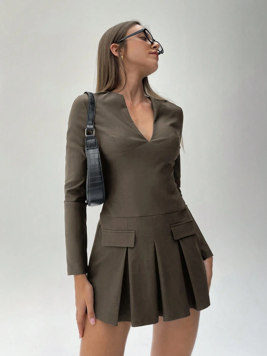 Aloruh Váy mini khoét sâu phía trước cho nữ, tay dài - màu nâu - Xem 1