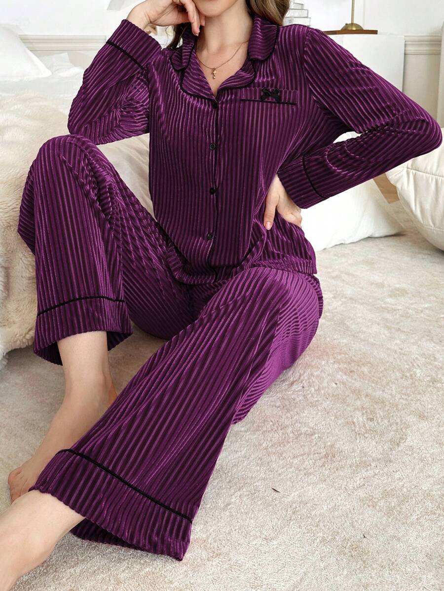 Conjunto de pijama de mujer de terciopelo suave y esponjoso con decoración de lazo, ropa de otoño e invierno, acogedor - Morado - Ver 1