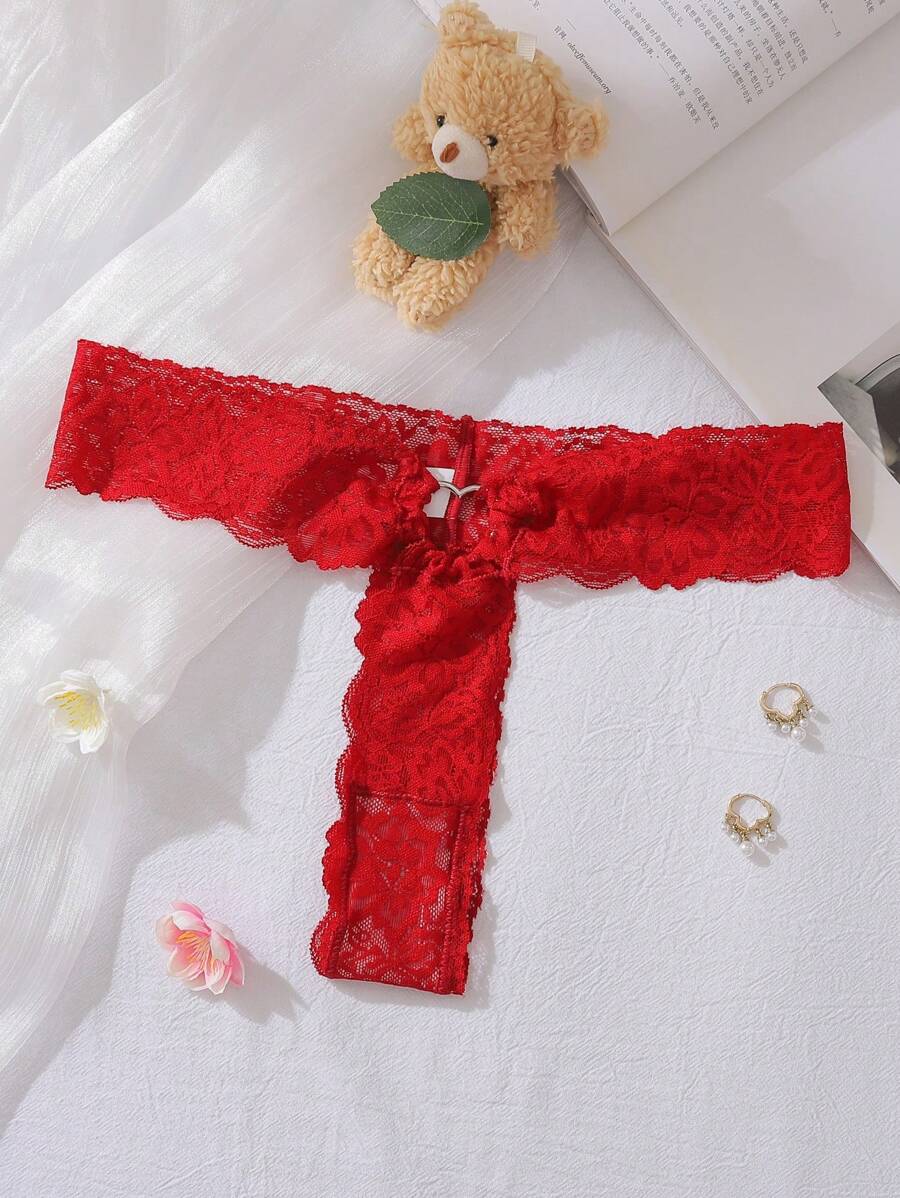 SHEIN 女士性感蕾丝圆圈装饰纯色丁字裤内衣 - 酒紅色 - 查看 1