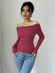 Selianne 女士纯色露肩长袖休闲上衣，简约设计，适合日常穿着 - 紅色 - 查看 4
