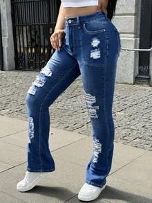 Women Pocket Distressed Patched Denim Flare Pants - Dark Wash - View 6