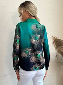 EMERY ROSE Feather Print Button Front Shirt Fall Cloth For Women